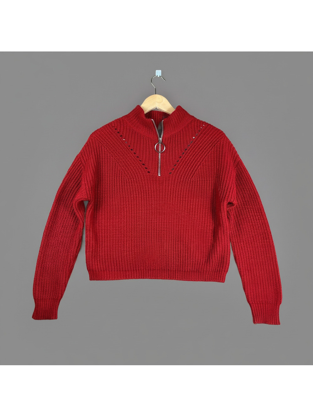 Love Tree Women's Red Ribbed Knit Quarter Zip Pullover Sweater Varsity Vibes